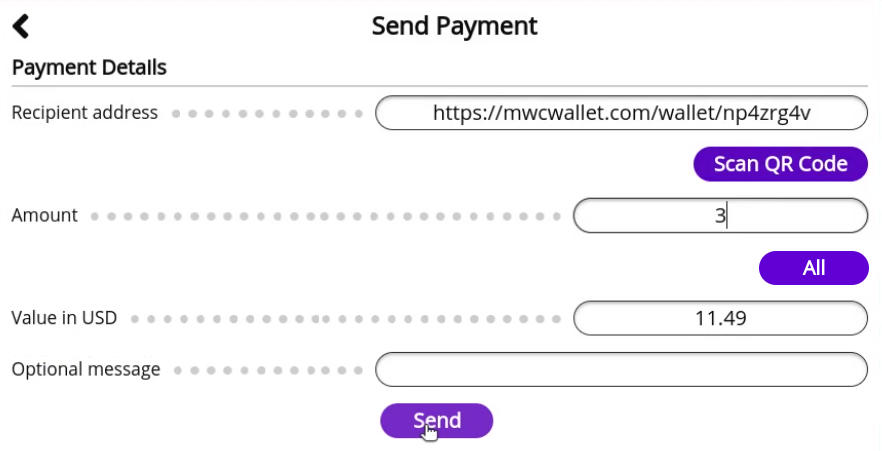 MimbleWimble Coin Web Wallet Payment Details