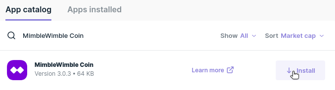 Ledger Live Desktop MimbleWimble Coin App Install Button
